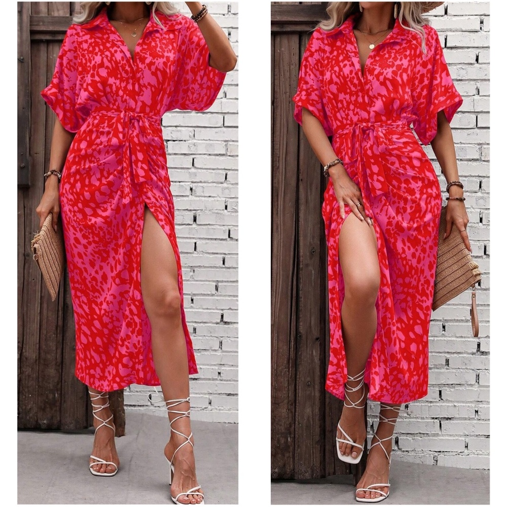 Leopard Print Button up Kimono Sleeve Shirt Dress - Picture 2 of 7